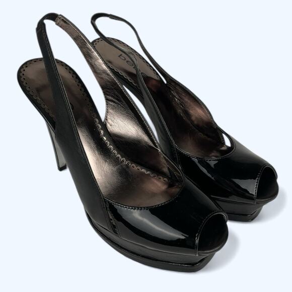 Bebe Zahara Black Patent Leather Stiletto Platform Slingback Peep-toe Heels 8M - Picture 1 of 7